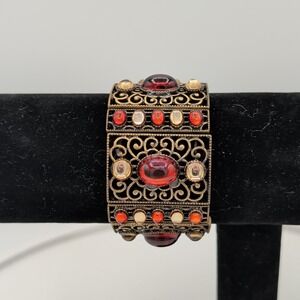 Vintage Style Filigree Panel Stretch Bracelet Red Amber Glass Cabochon Costume